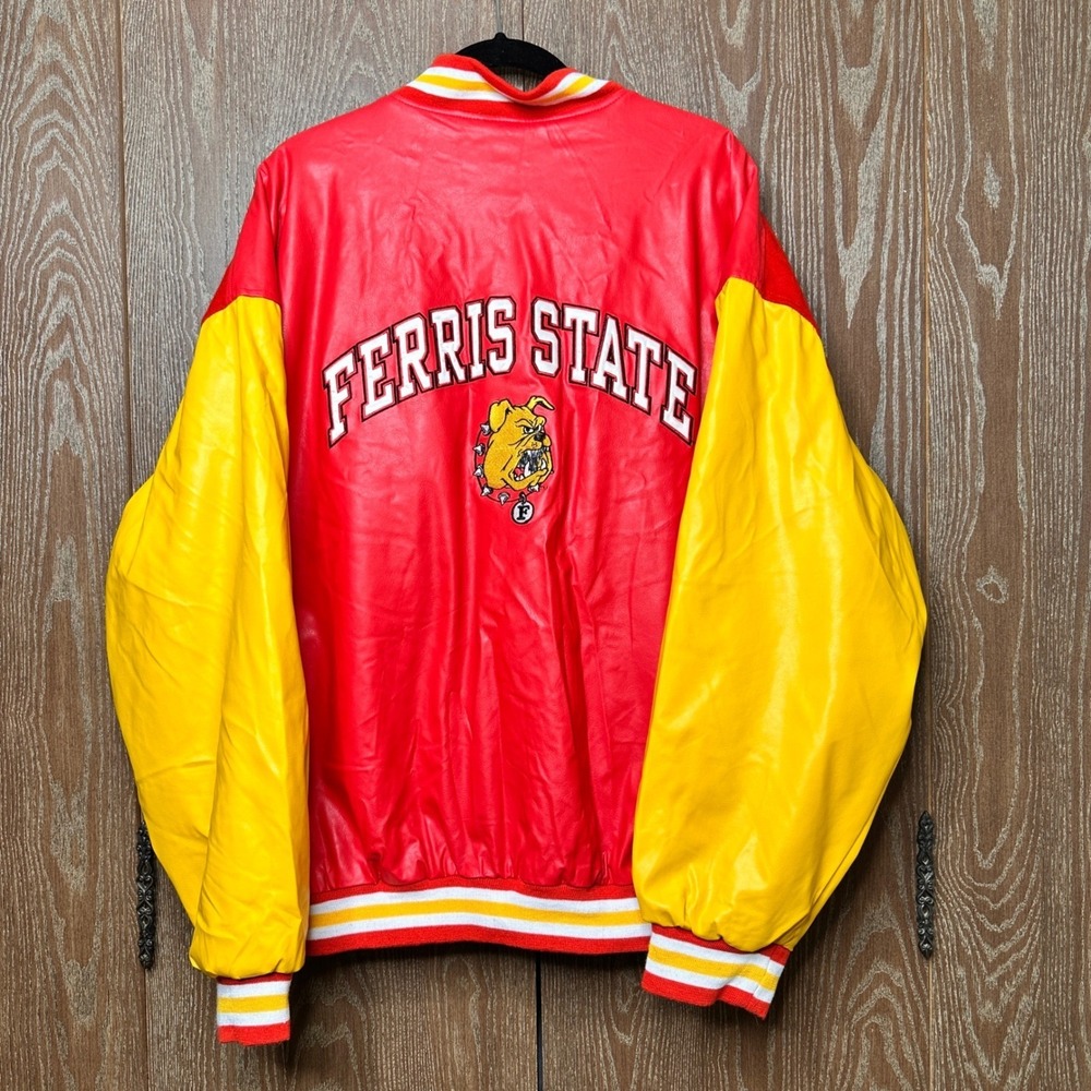 Vtg 80s Ferris State Bulldogs Varsity Jacket Red Mens XL Snap Front Embroidered